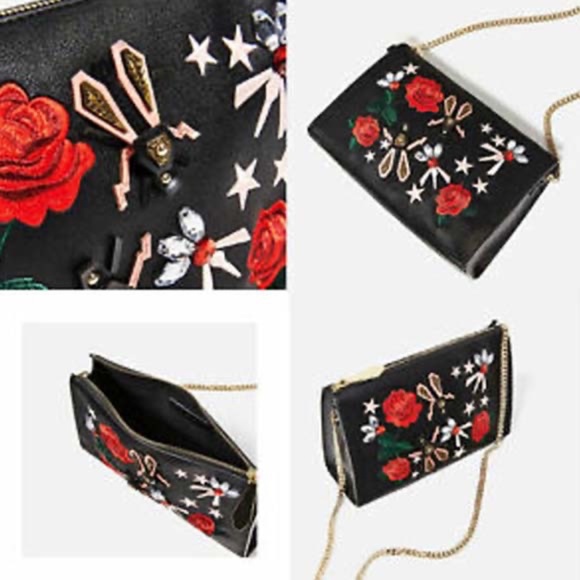 ZARA ROSE EMBROIDERED BAG WITH GOLD CHAIN NWT - Picture 1 of 11